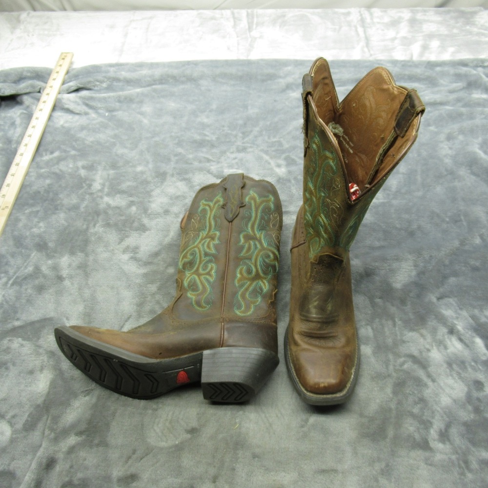 Justin Boots Womens 7B Brown Green Embroidery 2552 Leather Western Cowboy Rodeo
